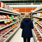 **Prompt:** A brightly lit Swedish supermarket aisle. Focus on a consumer examining various packages of "köttfärs" (ground meat). Prominently display "Ursprungsmärkning" (origin labeling) on the packaging. The overall feel should be informative and slightly humorous, capturing the everyday scene of grocery shopping in Sweden.