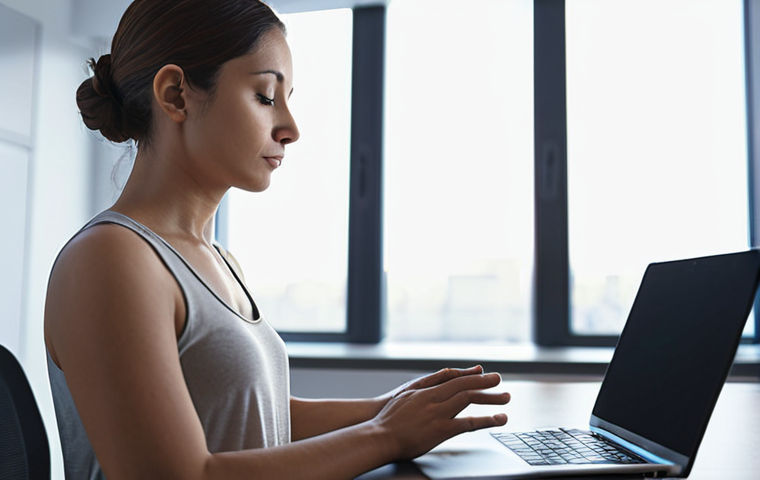 **

A serene individual practicing mindfulness meditation in a modern, high-tech office. Soft lighting, a minimalist desk with a laptop slightly blurred in the background. Focus on calm expression and posture.

**