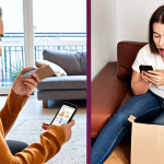 **Image Prompt:** A split-screen image. On one side, a cozy living room scene with someone happily opening a package from an online store. On the other side, a slightly frustrated person on the phone, seemingly dealing with a return issue. Text overlay: "Känn dina rättigheter!" (Know your rights!). Focus on conveying the ease of online shopping alongside the potential need to understand consumer rights.