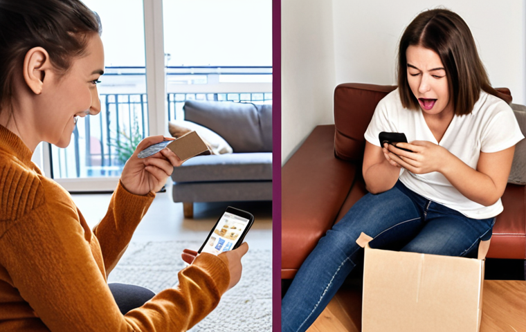 **Image Prompt:** A split-screen image. On one side, a cozy living room scene with someone happily opening a package from an online store. On the other side, a slightly frustrated person on the phone, seemingly dealing with a return issue. Text overlay: "Känn dina rättigheter!" (Know your rights!). Focus on conveying the ease of online shopping alongside the potential need to understand consumer rights.