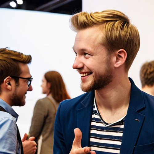 **

A young, enthusiastic tech enthusiast networking at a consumer electronics conference in Stockholm. Focus on the modern Scandinavian design aesthetic of the conference setting. Perhaps they are engaging in conversation with a potential mentor or industry leader. Showcase the energy and excitement of a career in tech.

**