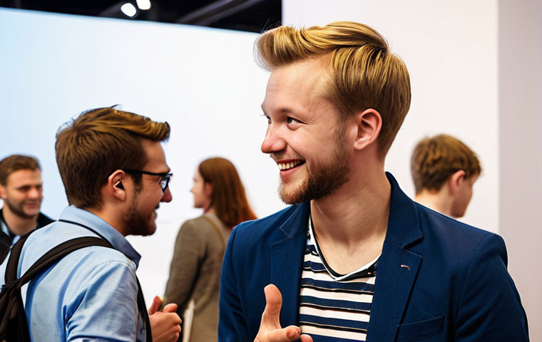 **

A young, enthusiastic tech enthusiast networking at a consumer electronics conference in Stockholm. Focus on the modern Scandinavian design aesthetic of the conference setting. Perhaps they are engaging in conversation with a potential mentor or industry leader. Showcase the energy and excitement of a career in tech.

**