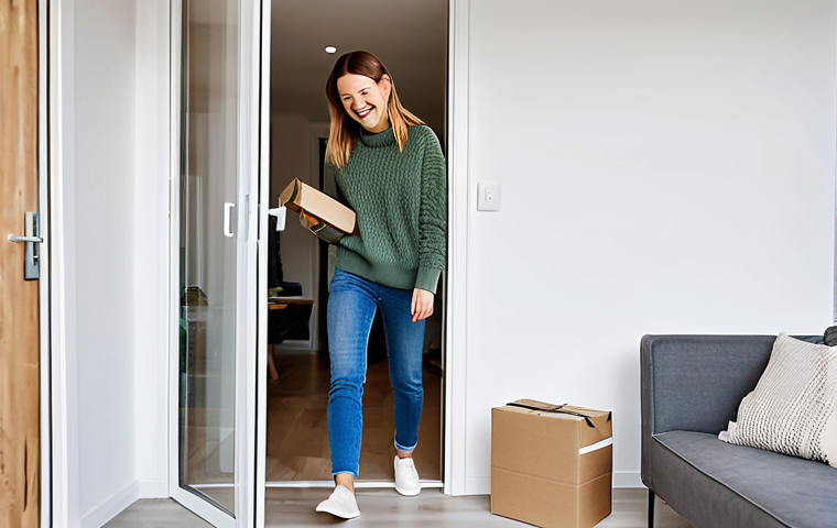 Online Shopping & Consumer Rights**

A woman in a stylish, modest outfit (perhaps a cozy sweater and jeans) happily opening a package delivered to her door. Background: a bright, modern apartment with Scandinavian design elements. Emphasis on the joy of online shopping. safe for work, appropriate content, fully clothed, professional quality, perfect anatomy, natural proportions, family-friendly.

**