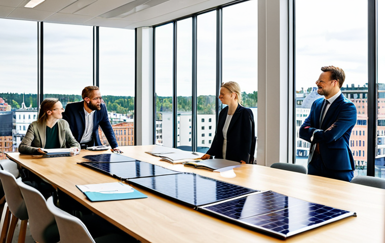 Sustainable and Ethical Business Practices**

"A bright, modern office setting in Stockholm, Sweden. Diverse employees are collaborating on a project at a large table. Solar panels are visible on the rooftop through a large window. Everyone is fully clothed in professional attire, modest clothing. The scene emphasizes ethical sourcing, sustainability, and fair trade principles. Safe for work, appropriate content, perfect anatomy, natural proportions, professional. Family-friendly, emphasizing corporate social responsibility."

**