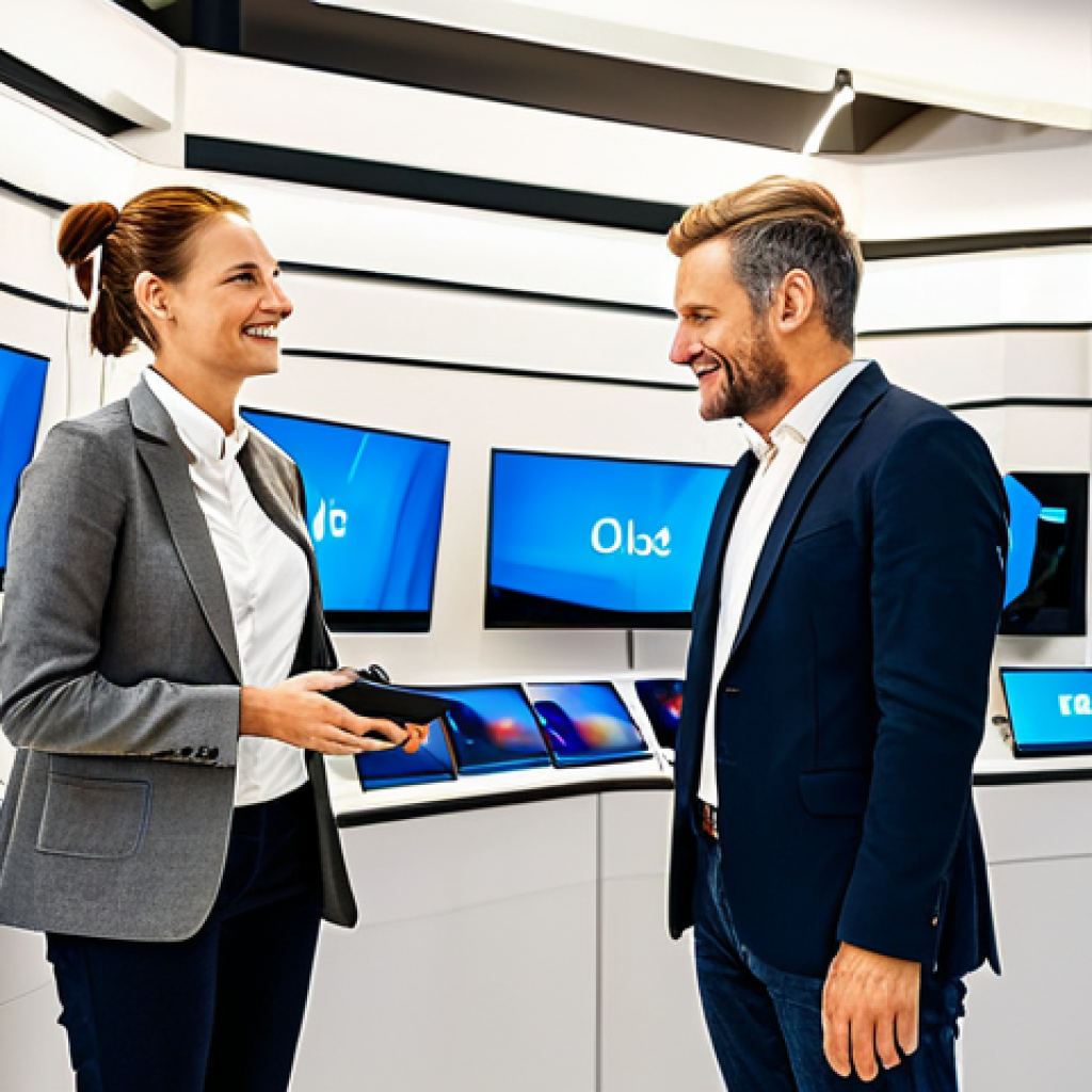 "A professional and friendly Consumer Technology Specialist in a modern, well-lit electronics store in Stockholm, assisting a customer with choosing a new OLED TV. The specialist is fully clothed in appropriate business attire. The scene is safe for work, with perfect anatomy, natural proportions, and appropriate content, professional, family-friendly."