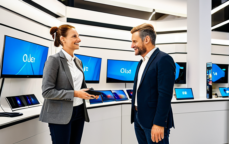 "A professional and friendly Consumer Technology Specialist in a modern, well-lit electronics store in Stockholm, assisting a customer with choosing a new OLED TV. The specialist is fully clothed in appropriate business attire. The scene is safe for work, with perfect anatomy, natural proportions, and appropriate content, professional, family-friendly."