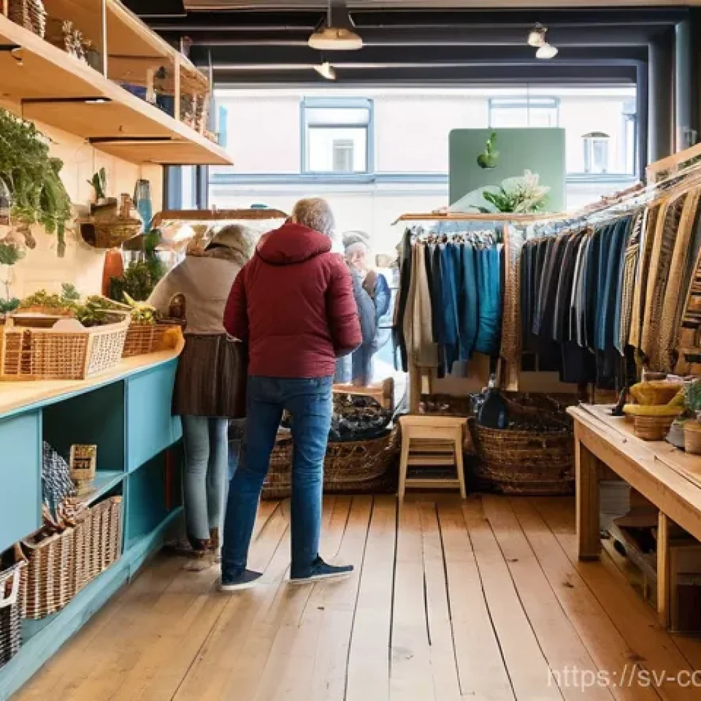 소비자 행동 데이터를 활용한 지속 가능성 혁신 전략 연구와 분석 - **A Vibrant Swedish Second-Hand Market Scene:**
    "A bustling, brightly lit indoor market in a mod...