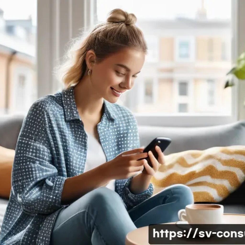 소비자 행동 분석과 디지털 시대의 변화 - A vibrant, modern Scandinavian living room scene showcasing a young Swedish woman comfortably shoppi...