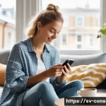 소비자 행동 분석과 디지털 시대의 변화 - A vibrant, modern Scandinavian living room scene showcasing a young Swedish woman comfortably shoppi...