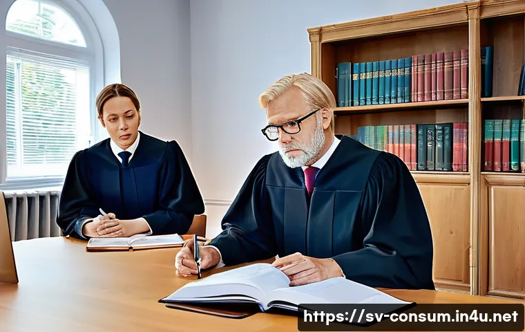 소비자 보호법 관련 판례 연구 - A detailed courtroom scene in Sweden showing a judge and lawyers discussing a consumer rights case i...