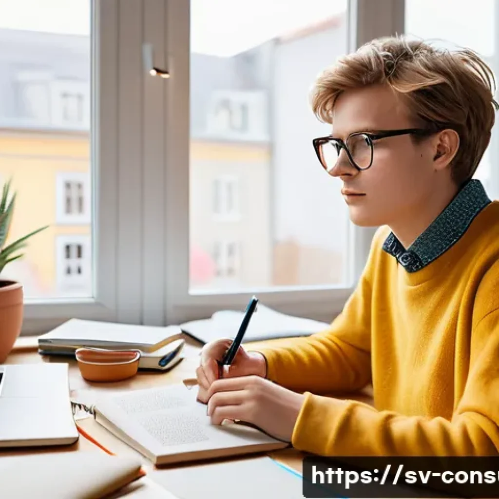 소비자전문기술사 필기 대비 스터디 팁 - A cozy and modern study room in a Swedish home, showing a young adult student wearing comfortable cl...