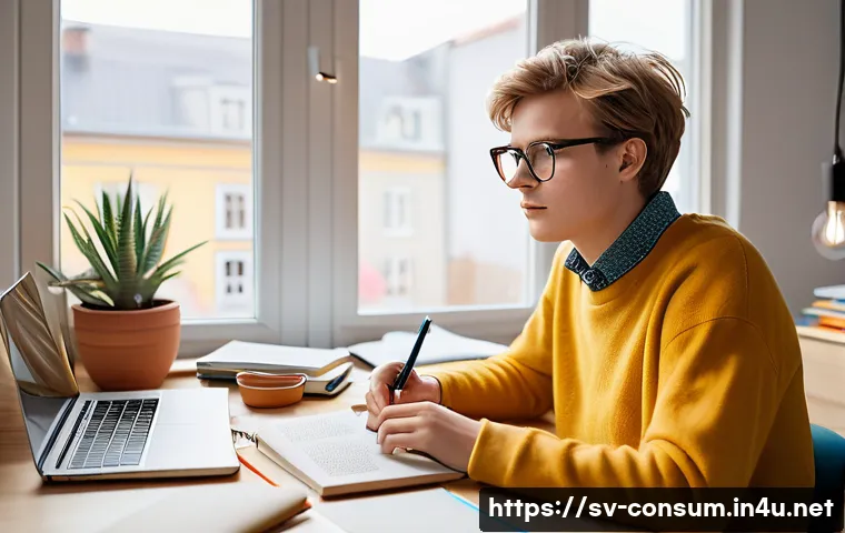 소비자전문기술사 필기 대비 스터디 팁 - A cozy and modern study room in a Swedish home, showing a young adult student wearing comfortable cl...
