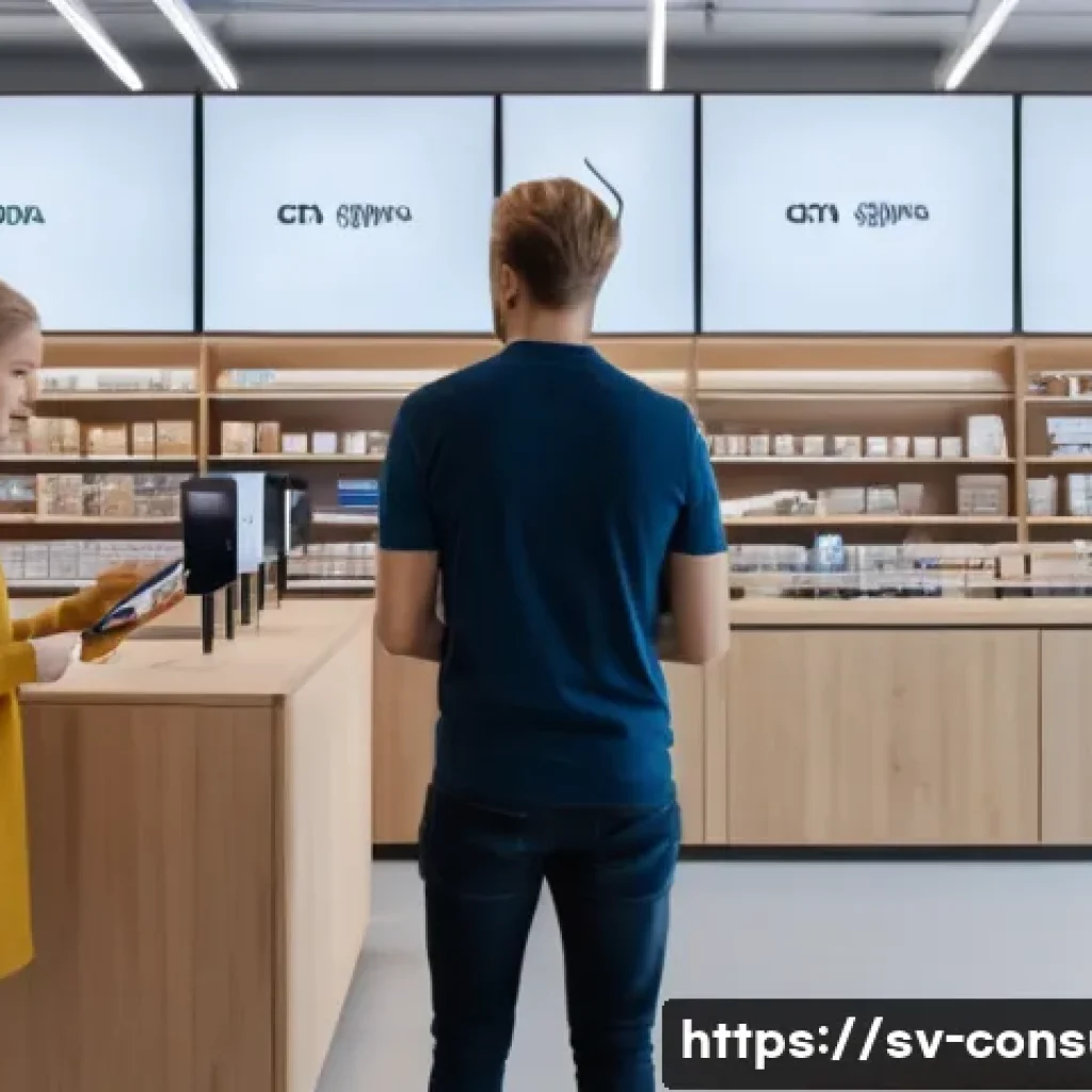 소비자 보호법 사례별 대응 가이드 - A modern Swedish electronics store scene showing a frustrated adult customer at the counter presenti...