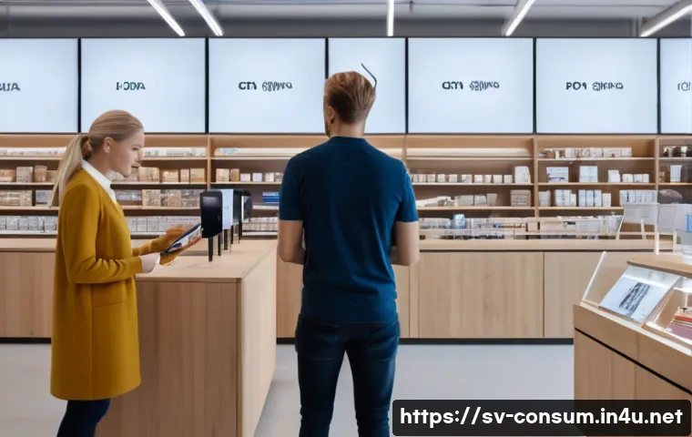 소비자 보호법 사례별 대응 가이드 - A modern Swedish electronics store scene showing a frustrated adult customer at the counter presenti...