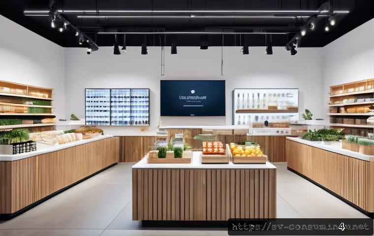 소비자 행동 변화 연구를 위한 데이터 분석 - A modern Scandinavian retail store interior with digital screens displaying real-time analytics and ...