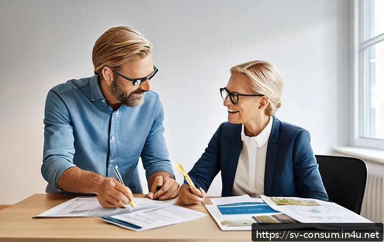 소비자 보호 관련 공공 서비스 활용법 - A friendly and professional Swedish consumer advice center office scene, showing a middle-aged advis...