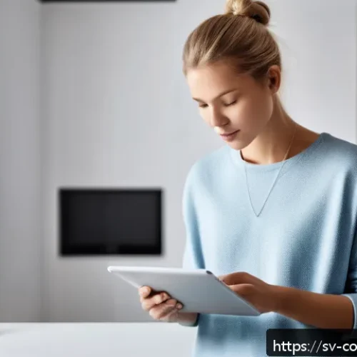 Home 33 소비자 보호 관련 연구와 학문적 기여 - A modern Scandinavian consumer using a sleek digital tablet in a bright, minimalist home interior, s...