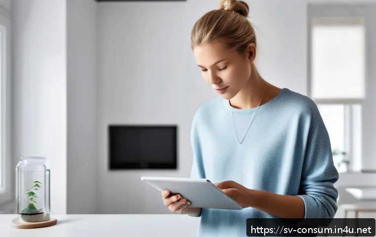 소비자 보호 관련 연구와 학문적 기여 - A modern Scandinavian consumer using a sleek digital tablet in a bright, minimalist home interior, s...