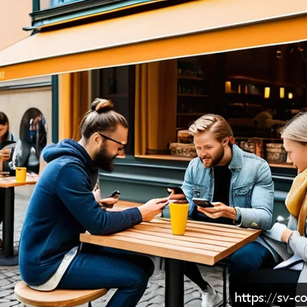 소비자 행동 변화와 마케팅 전략 - A vibrant, modern scene showing a diverse group of Swedish consumers using smartphones outdoors in S...