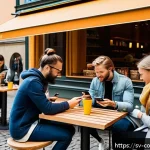 Home 19 소비자 행동 변화와 마케팅 전략 - A vibrant, modern scene showing a diverse group of Swedish consumers using smartphones outdoors in S...