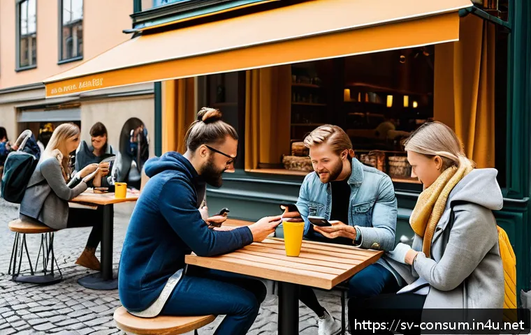 소비자 행동 변화와 마케팅 전략 - A vibrant, modern scene showing a diverse group of Swedish consumers using smartphones outdoors in S...