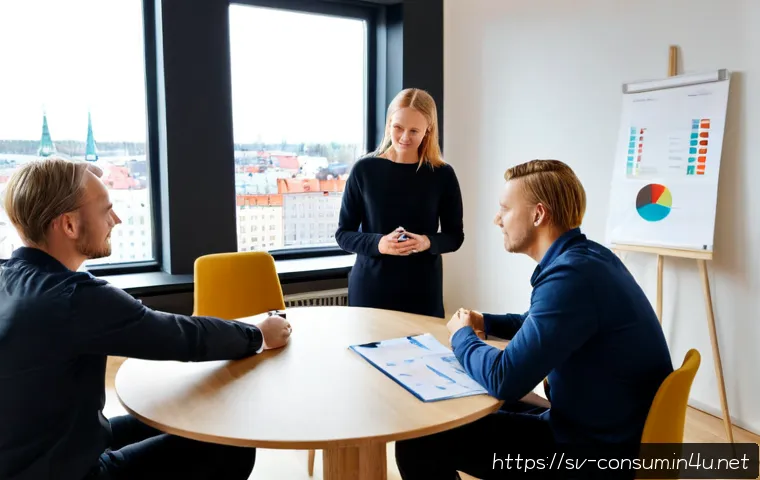 Home 18 소비자중심 경영 사례와 성공적인 시장 전략 연구와 분석 - Photorealistic Scandinavian retail strategy meeting in a bright Stockholm office, diverse Swedish bu...